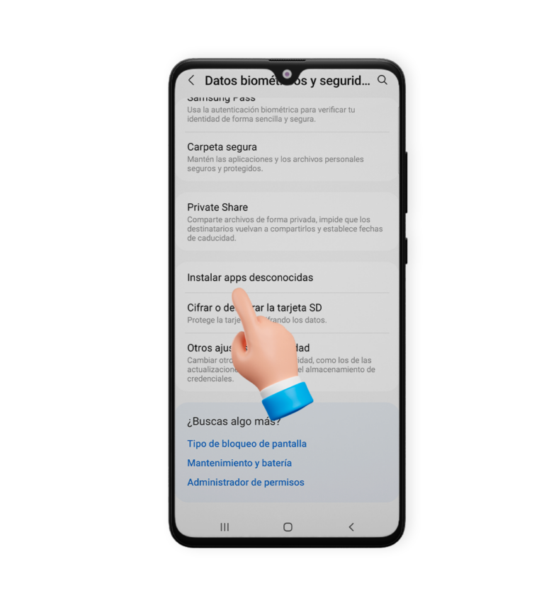 En la configuración de tu teléfono, activa la instalación de aplicaciones de orígenes no oficiales, paso 2.