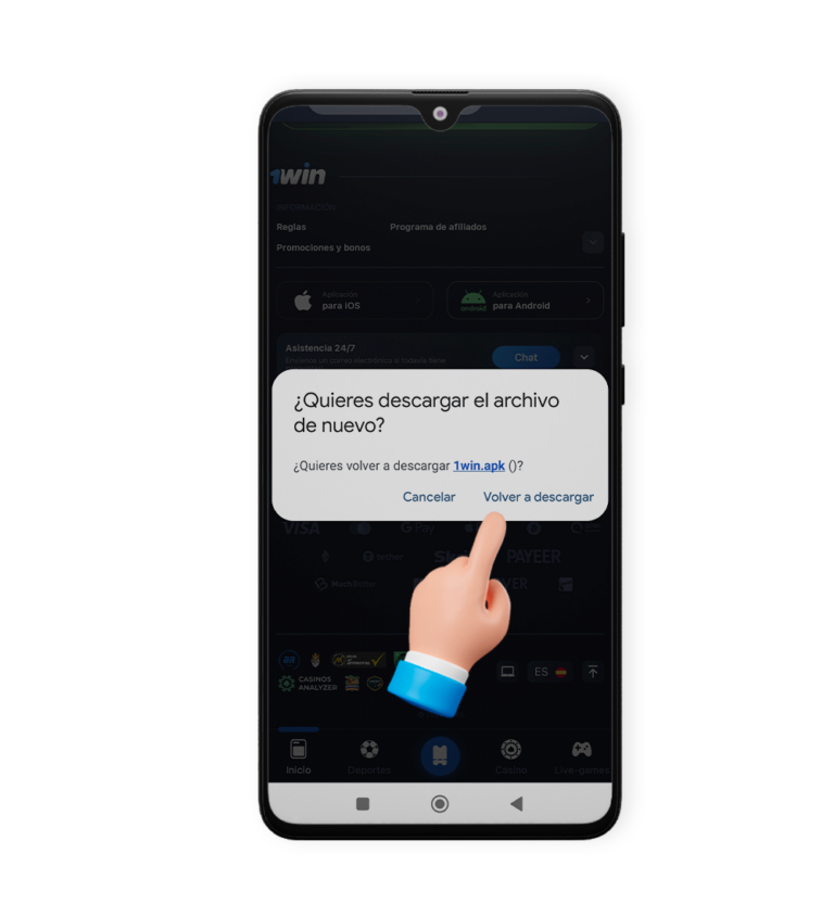 Autoriza la descarga del archivo apk de la app 1Win, paso 3.